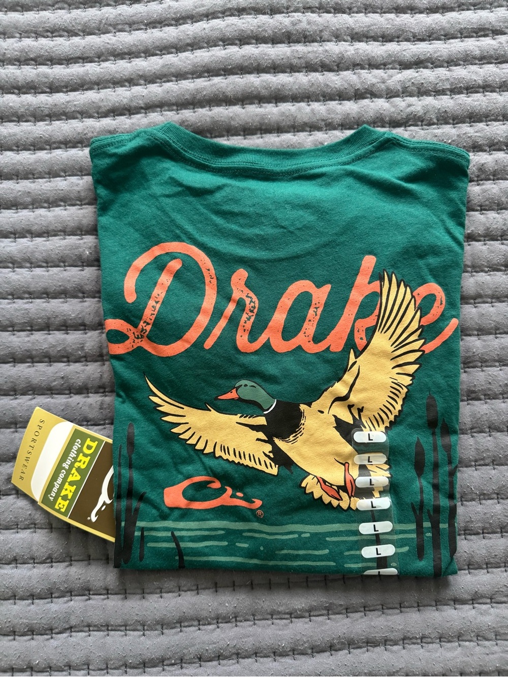 Drake Green Tee with Yellow Mallard and Orange Script
